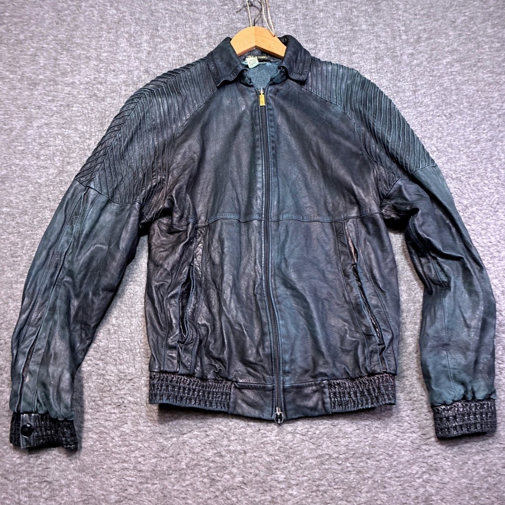 Vintage Zilli Leather Bomber Jacket Men Medium Teal Silk Lined Distressed French